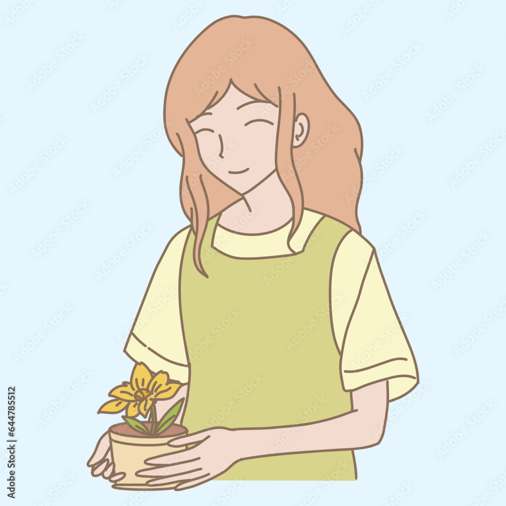 Happy florist in apron holding flower pot. Smiling gardener taking care of home plants. Hand drawn flat cartoon character vector illustration. Happy florist in apron holding flower pot. Smiling gardener taking care of home plants. Hand drawn flat cartoon character vector illustration.