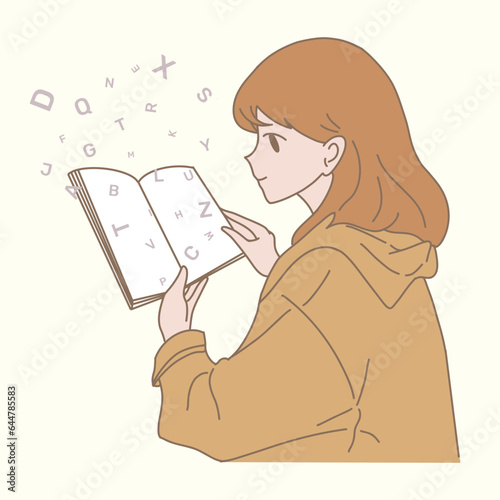 Student reading opened book with letters flying into the pages. Hand drawn flat cartoon character vector illustration.