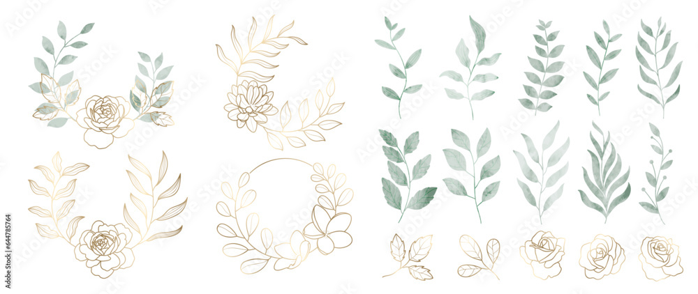 Luxury botanical gold wedding frame elements collection. Set of circle, glitters, leaf branches, rose flower, eucalyptus. Elegant foliage design for wedding, card, invitation, greeting. Luxury botanical gold wedding frame elements collection. Set of circle, glitters, leaf branches, rose flower, eucalyptus. Elegant foliage design for wedding, card, invitation, greeting.