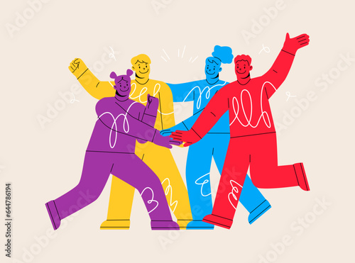 Happy diverse man and woman friends putting hands together. Support and cooperation concept. Colorful vector illustration