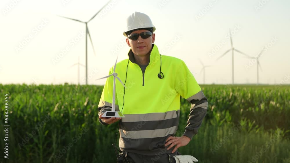 Engineer holds a model of a wind turbine in a wind park Engineer holds a model of a wind turbine in a wind park
