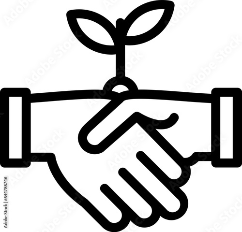 Black line art illustration of Handshake hand with plant icon.
