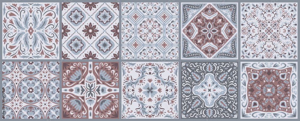 Set of patterned azulejo floor tiles. Abstract geometric background. Collection of ceramic tiles in turkish style. Seamless colorful patchwork. Portuguese and Spain decor. Islam, Arabic, Indian motif.