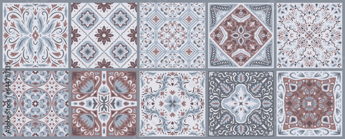 Set of patterned azulejo floor tiles. Abstract geometric background. Collection of ceramic tiles in turkish style. Seamless colorful patchwork. Portuguese and Spain decor. Islam, Arabic, Indian motif.