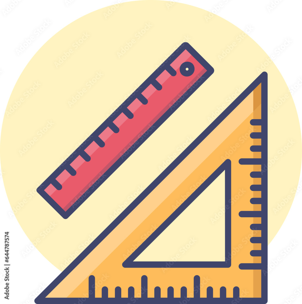 Triangle protractor with ruler scale icon in red and yellow color.