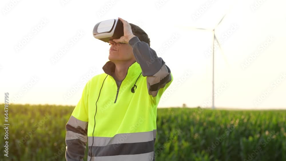 custom made wallpaper toronto digitalEngineer wearing virtual reality glasses in the field of wind turbines