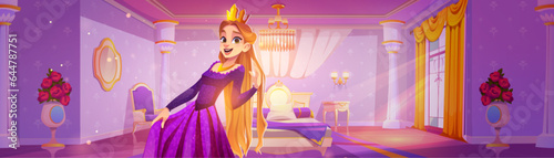 Princess in palace purple bedroom cartoon interior. Medieval castle room for girl with bed, mirror, gold curtain on window and roses flower. Baroque female luxury home apartment illustration