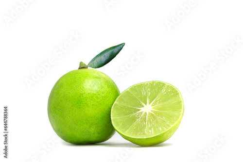 Close up of fresh green lemon lime with water droplets isolated on white background. Large fresh green lime with clipping path.