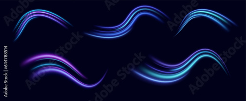  Modern neon speed lines. Dynamic light motion traces. Technological design. Stripes move quickly across a dark background. Vector
