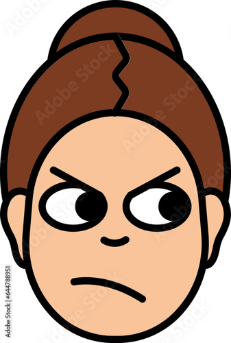Cartoon woman face in suspicious expression.