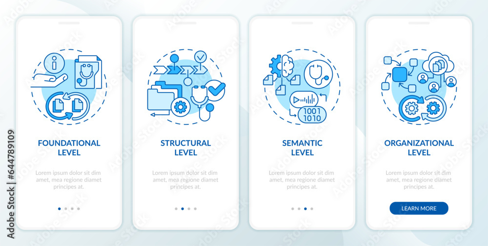 2D icons representing health interoperability resources mobile app screen set. Walkthrough 4 steps blue graphic instructions with line icons concept, UI, UX, GUI template. - obrazy, fototapety, plakaty 