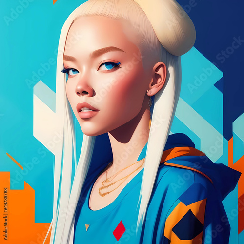 Abstract Street Art Blue Style Blonde Hip Hop Girl With Geometric Shapes Background. Generative AI