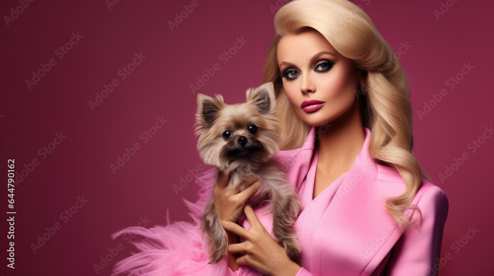 Stylish woman in pink, cradling a dog in her arms, reminiscent of Barbie fashion Stylish woman in pink, cradling a dog in her arms, reminiscent of Barbie fashion