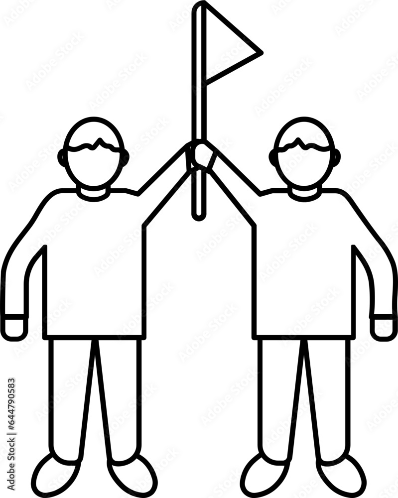 Two man holding flag together icon in line art. Two man holding flag together icon in line art.