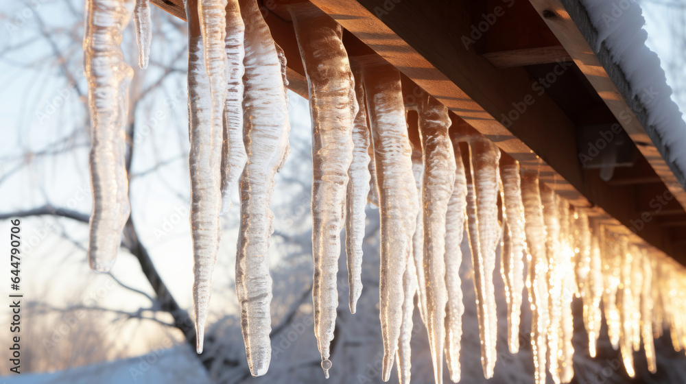 long icicles with sunlight on hanging from a roof 