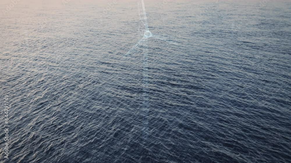 Futuristic visualisation of the building of an offshore wind farm with several wind turbines at sunset. Digitized wireframe concepts turn into real wind turbines. Green and renewable energy concept.