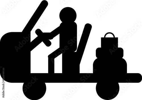 Luggage towing vehicle with service man glyph icon.