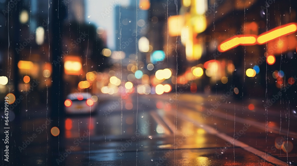 Rainy urban and city scene as bokeh background 