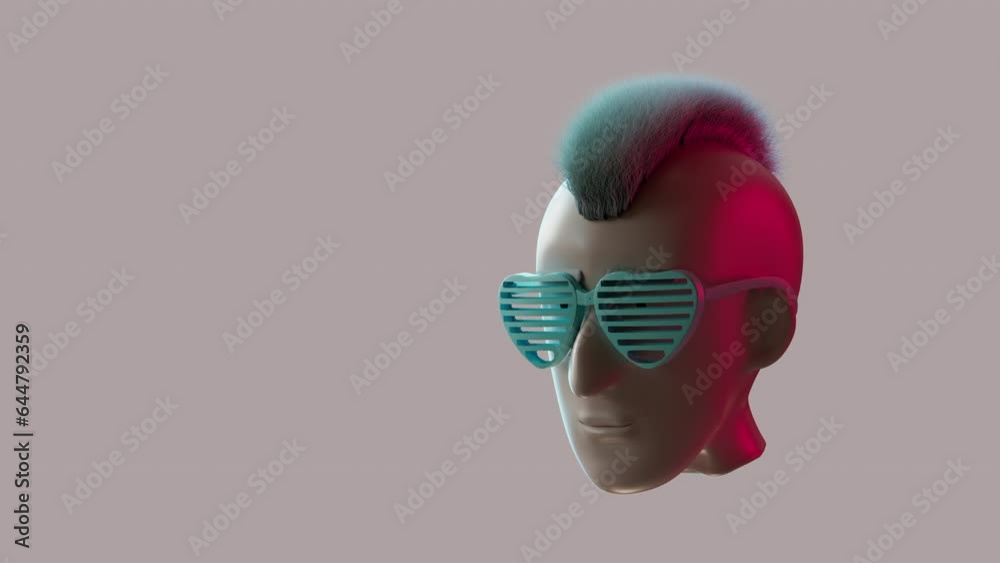 3d animation of a punk rocker with heart glasses and a blue mohawk