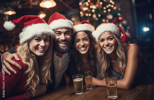 Portrait of happy young women in Santa hats looking at camera and smiling while celebrating Christmas at bar. created by generative AI technology.