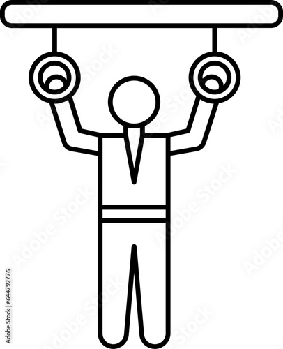 Man Hanging Gymnast Ring Icon In Black Line Art.