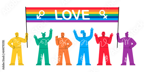 Crowd of people at pride parade holding placards. Men and women at demonstration for LGBT rights. Gay, lesbian, bisexual, transgender activists. Sexual diversity. Colorful vector illustration