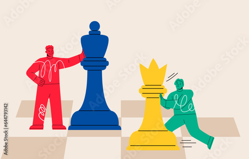 Man and woman standing and playing chess. Business strategy and competition concept. Colorful vector illustration