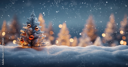 Christmas tree with baubles in snowy winter forest. created by generative AI technology.