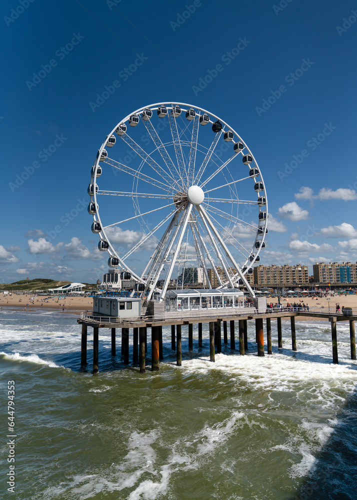 The Hague, Holland-July 26 2023: Europe’s first Ferris Wheel over the sea. SkyView de Pier is a 45-meter tall Ferris wheel in Scheveningen.