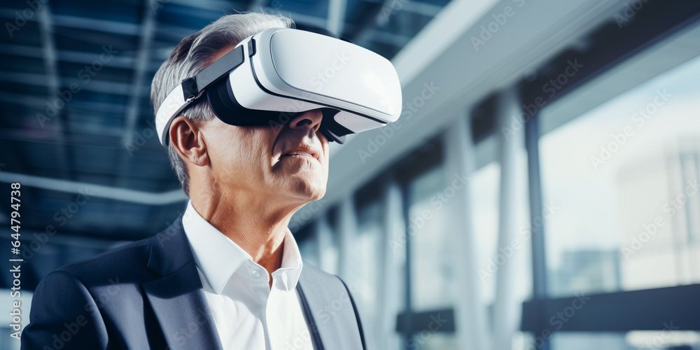 Mature businessman in modern office wearing VR glasses Mature businessman in modern office wearing VR glasses