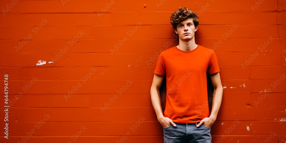 Midsection of young man against red wall