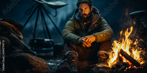 Wallpaper Mural Man sitting on mat at camp fire Torontodigital.ca