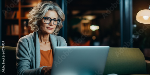 Mature woman sitting on couch at home using laptop © v.senkiv
