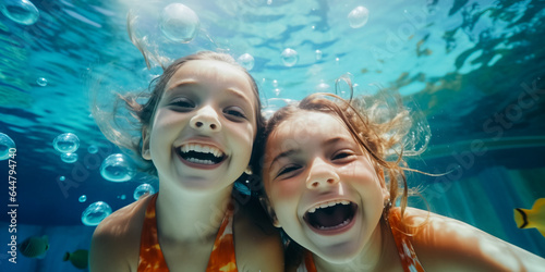 Medium shot of smiling sisters underwater in pool at tropical resort