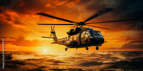 Military helicopter at sunset over the sea
