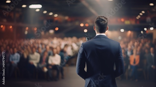 back view of businessman giving a speech in front of a crowd