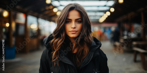 Outdoor portrait of young brunette in black jacket