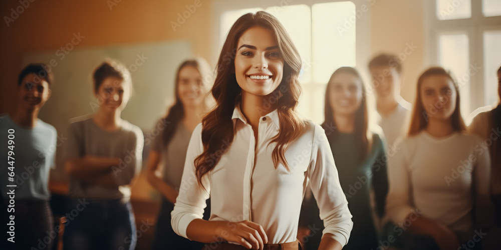 Portrait of female teacher standing in classroom with students in background