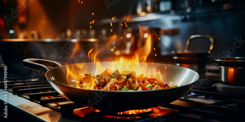 Pro chef flambeing in the kitchen in a pan on a gas - fired stove