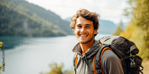Obraz na płótnie Portrait smiling young man hiking at sunny mountain lakeside