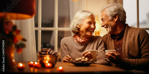 Senior couple having nice time together  eating chocolate in their home