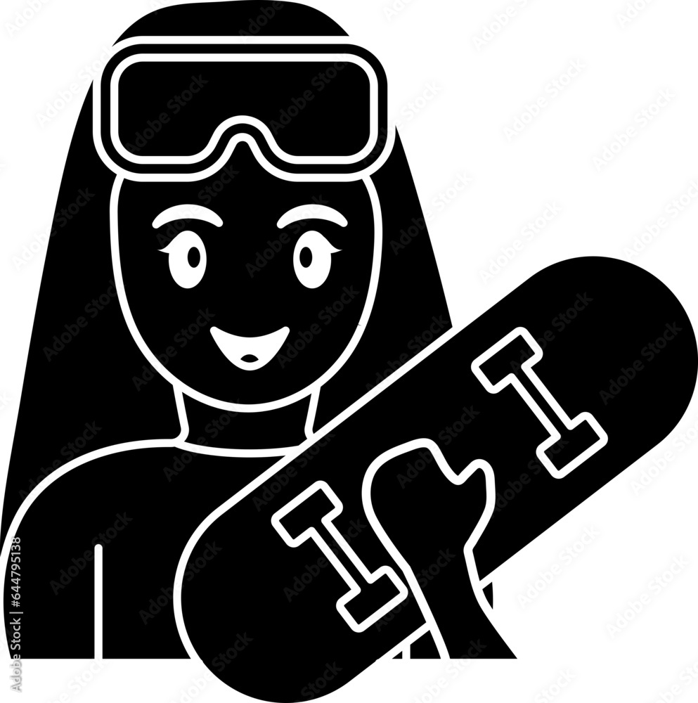 Young Girl Holding Skateboard Icon In B&W Color. Young Girl Holding Skateboard Icon In B&W Color.