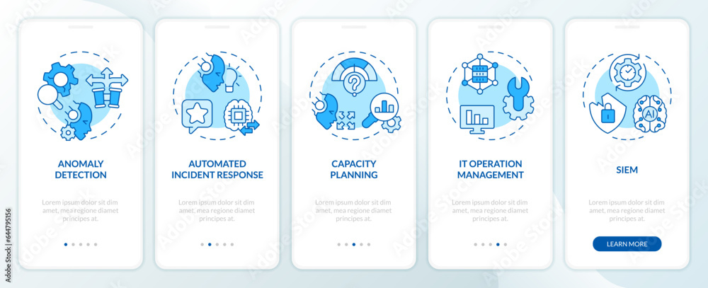 2D icons representing AI ops mobile app screen set. Walkthrough 5 steps blue graphic instructions with line icons concept, UI, UX, GUI template. 2D icons representing AI ops mobile app screen set. Walkthrough 5 steps blue graphic instructions with line icons concept, UI, UX, GUI template.