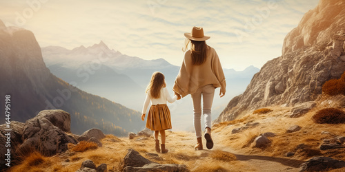 Smiling woman holding daughter's hand walking on mountain © v.senkiv