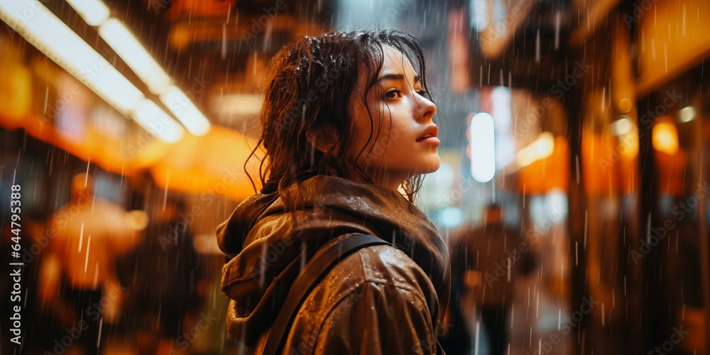 Woman standing under the heavy rain in city street