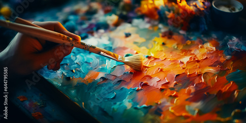 A hand holds a paint brush, and mixes oil paint on a board