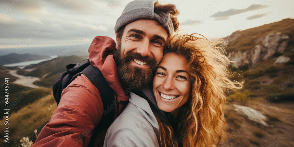 Fototapeta premium Beautiful young couple taking selfie on their trip to remember interesting place