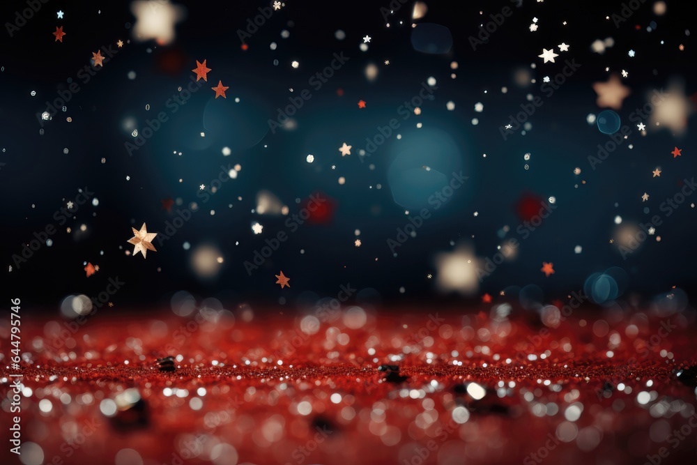 A background image for creative content with stars falling against a blurred red and blue background. Photorealistic illustration