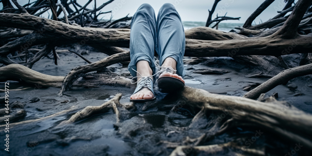 Obraz premium Close up of barefoot female feet on the driftwood