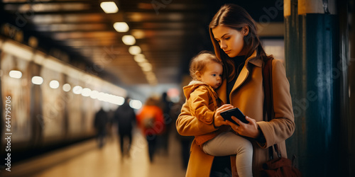 Busy young working mother with baby girl talking on smartphone while waiting for subway in subway station platform